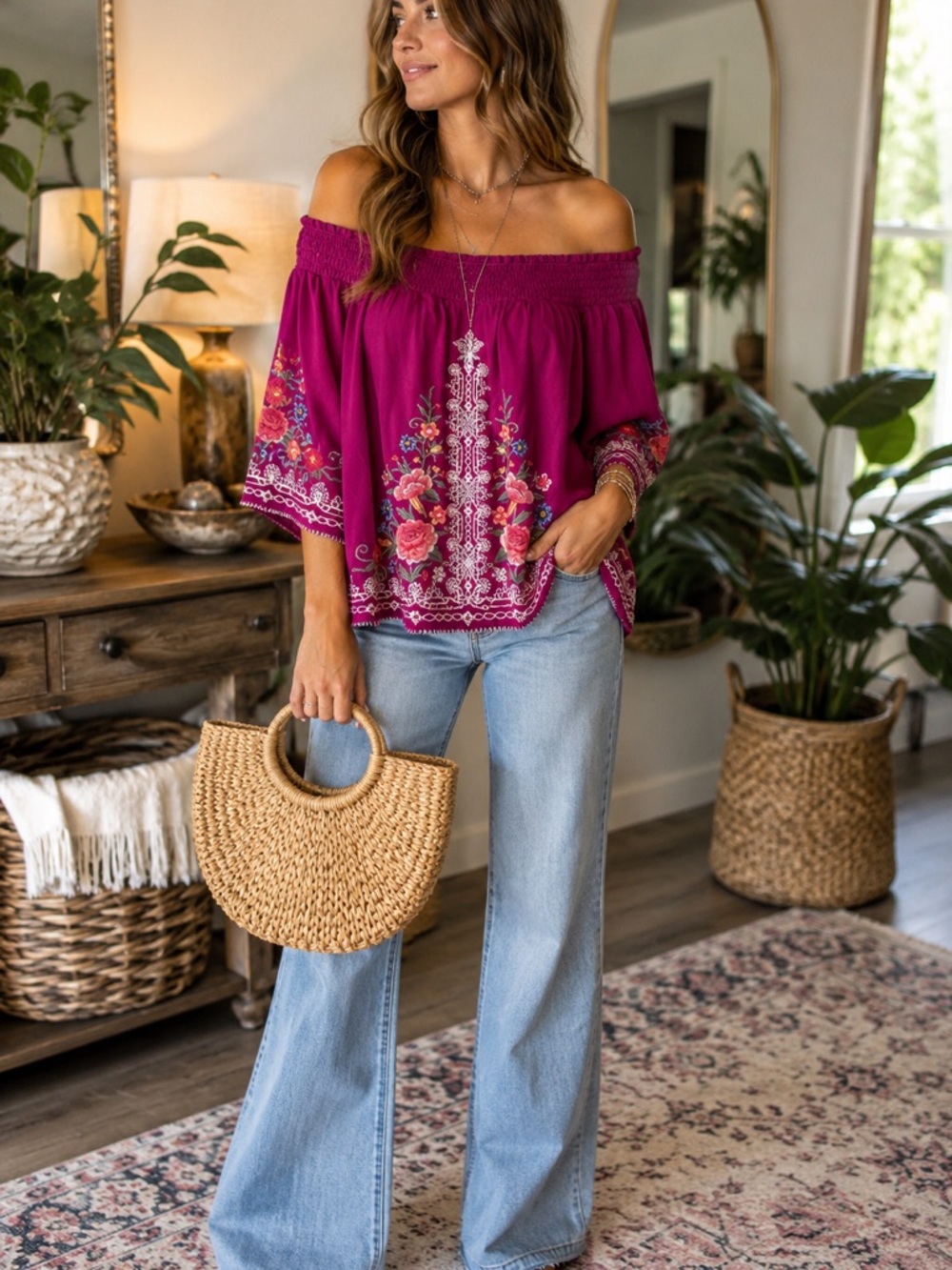Johnny Was Womens Oversized Off Shoulder Embroidered Blouse Boho Pink Purple